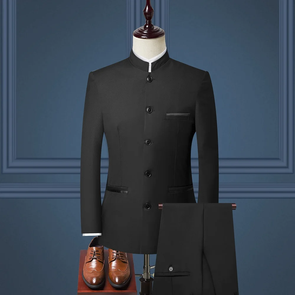 Men 3 piece Suit (Jacket+Pant+Vest) Chinese Style Stand Collar Suit Male Wedding Groom Slim Fit Plus Size 4XL Blazer Set Tuxedo Men 3 piece Suit (Jacket+Pant+Vest) Chinese Style Stand Collar Suit Male Wedding Groom Slim Fit Plus Size 4XL Blazer Set Tuxedo
