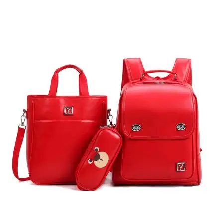 Брендовый комплект из 3 предметов, женский рюкзак, Одноцветный, водонепроницаемый, ПУ, школьные сумки для подростков, девочек и мальчиков, рюкзак, сумка через плечо, 5 цветов - Цвет: red