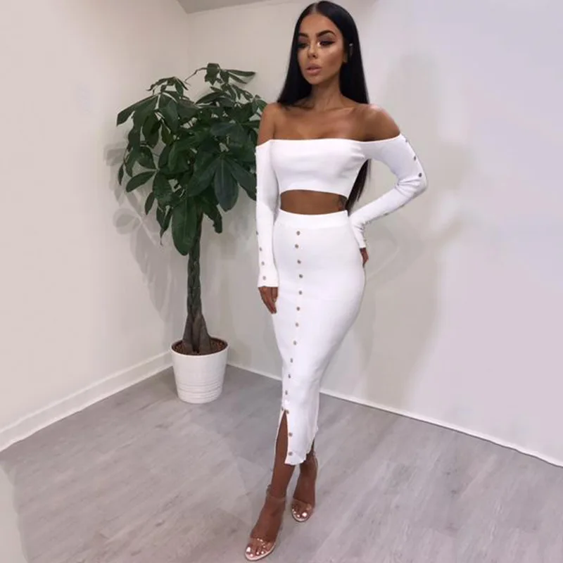 2 Two Piece Set Women 2018 Crop Tops Skirt Sexy Long Sleeve Casual Short Top Rivet Clubwear Women's Sets conjunto feminino Women's Sets