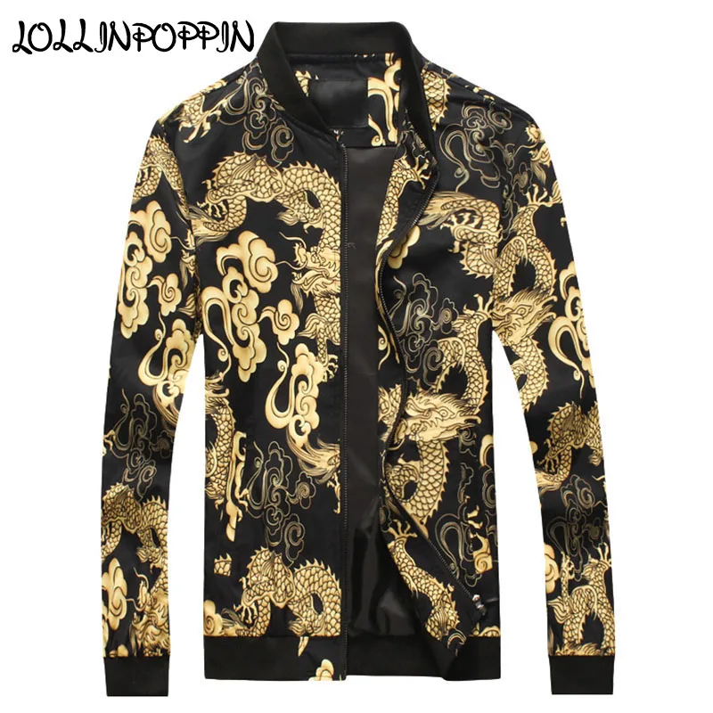 

Chinese Style Dragon All Over Printed Baseball Jacket For Men Stand Collar Oriental Dragons Printed Bomber Jacket