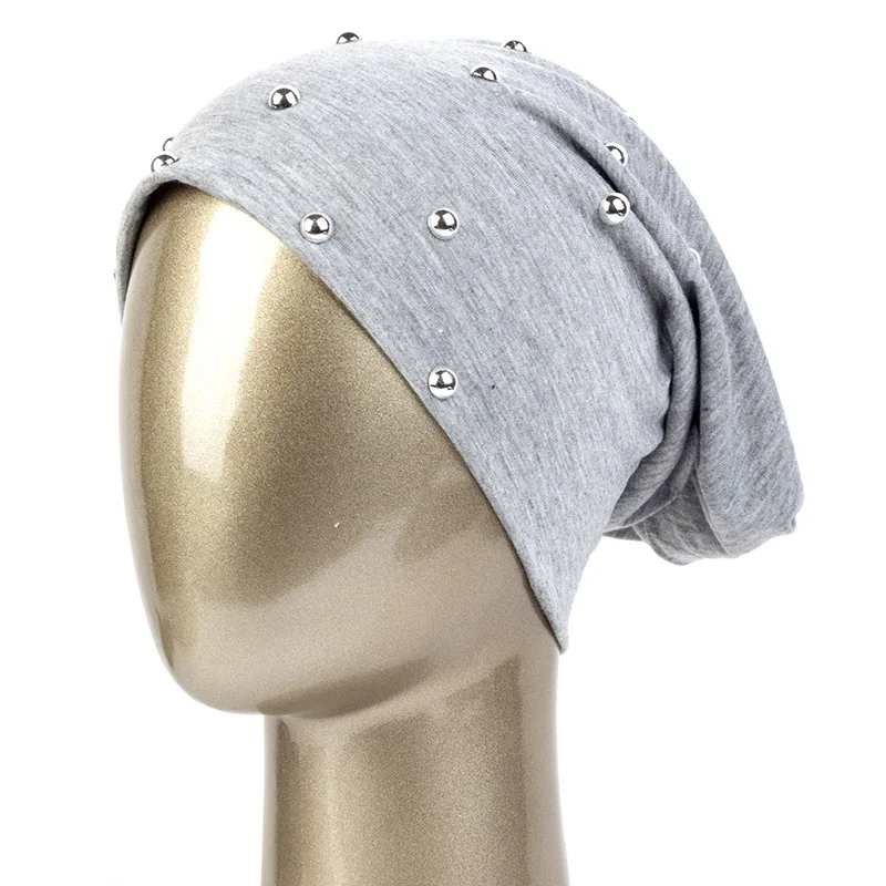 Geebro, модная женская шапочка, одноцветная, повседневная, полиэфирная, лыжная шапочка с жемчугом для девочек, Skullies, шапочки, шапочки для женщин - Цвет: Light gray