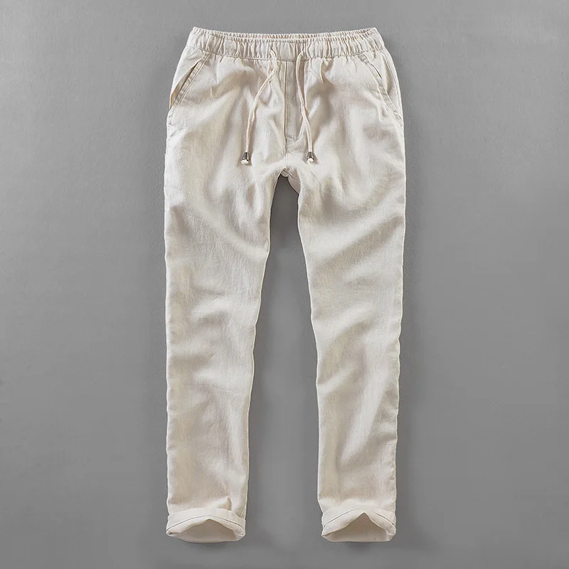 Elastic waist 30 40 size linen pants men long flax trousers men brand