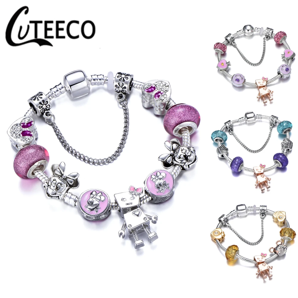 

CUTEECO Silver Lovely Bella Robot Pendant Charm Bracelet Girl Pink Minnie Mouse Beads Brand Bracelet&Bangle For Women Jewelry