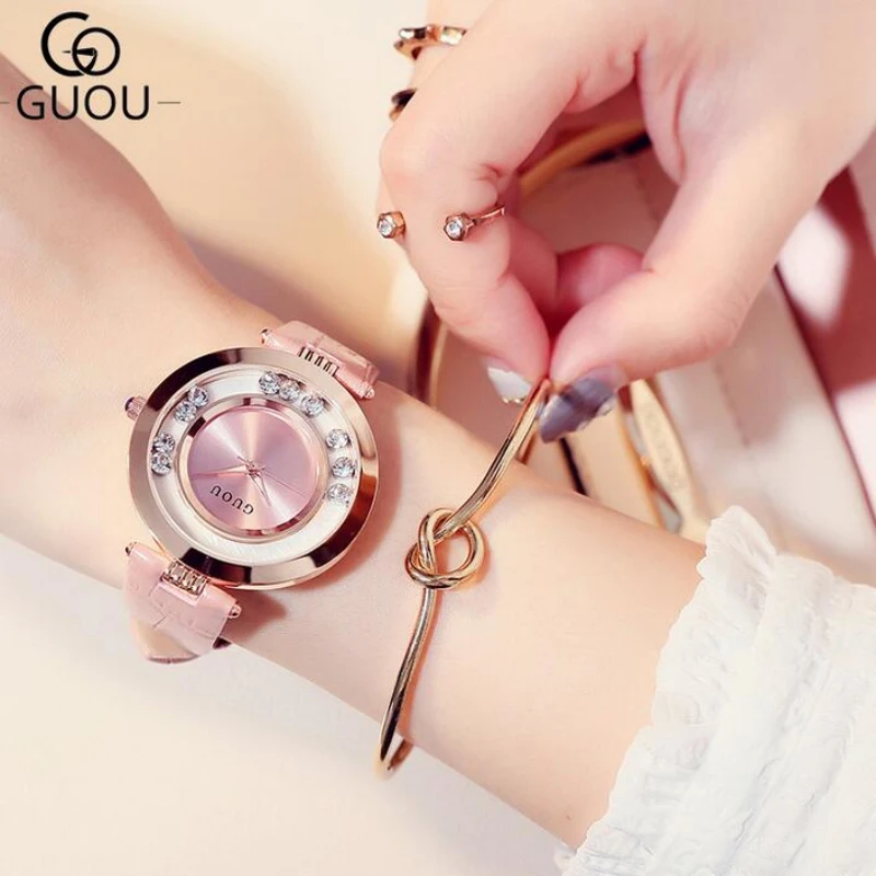GUOU Watch Luxury Glitter Diamond Rhinestone Watch Women Watches Women's Fashion Exquisite Leather Clock saat relogio feminino