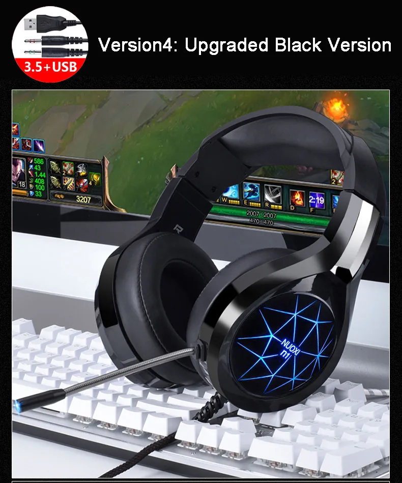NUOXI N1 компьютерные Стерео Игровые наушники лучший шлем глубокий бас Игровые наушники гарнитура с микрофоном светодиодная подсветка для PC Gamer - Цвет: Upgraded black