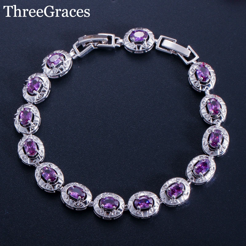 

ThreeGraces 6 Color Options Women Jewelry Gift Fashion Crystal Charm Bracelet With Purple Pink Green Royal Blue CZ Stones BR125