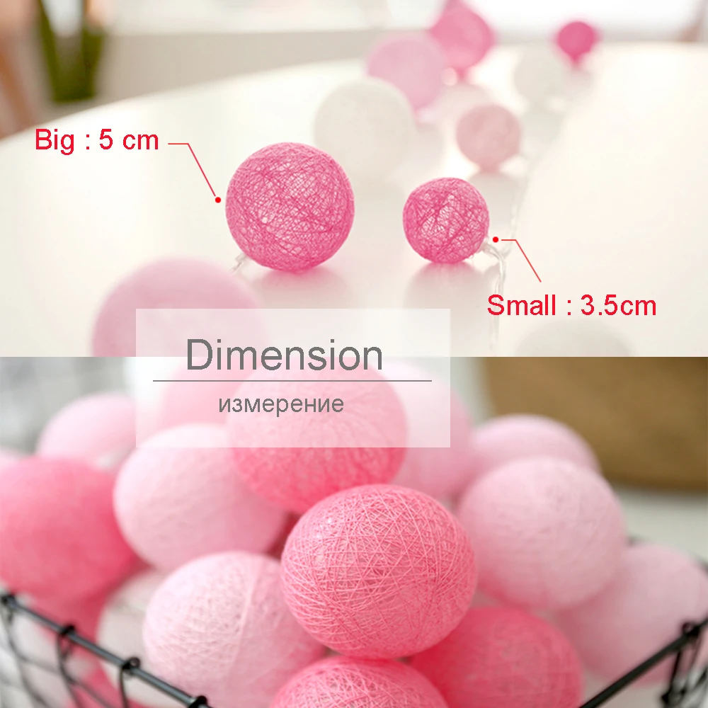 3-4Meter Led Light string 20Leds Holiday lights 3.5cm/5cm Pink Ball Garlands Christmas Wedding Decoration Bedroom Wall Use TR