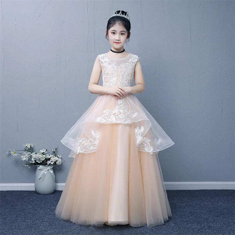 

2019High-Quality Children Girls Elegant Embroidery Flowers Evening Party Model Show Costume Dress Kids Birthday Piano Mesh Dress