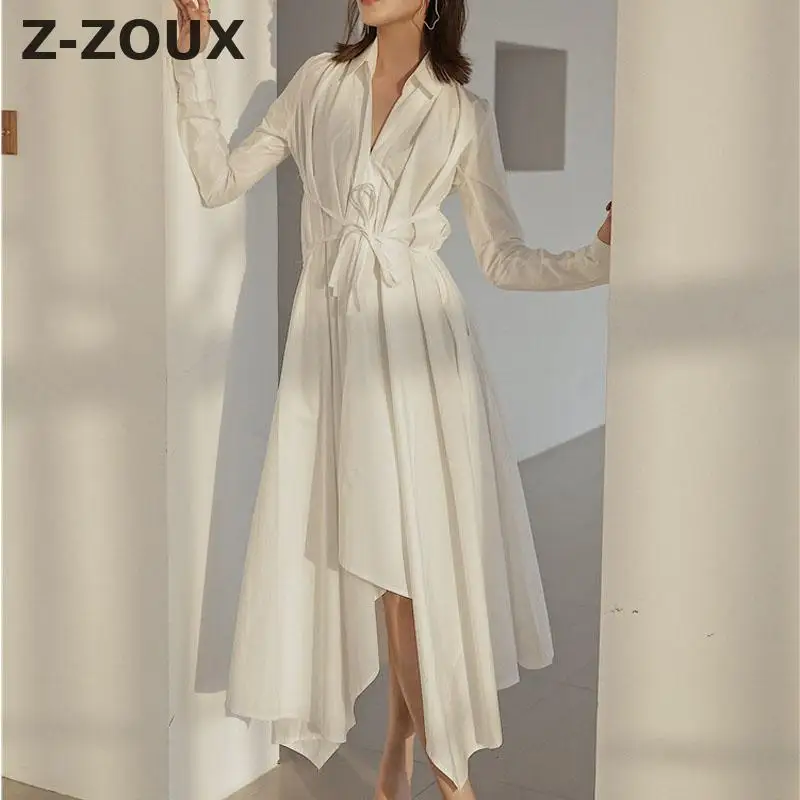 

Z-ZOUX Women Dress Irregular Hem Long Dress Long Sleeve White Shirt Dress Lace Up High Waist Plus Size Loose Womens 2019 Summer