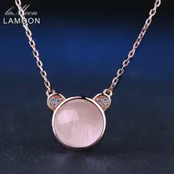 LAMOON 10 мм 4.8ct 100% натуральный камень розовый кварц Прекрасный цепь "медведь" цепочки и ожерелья 925 пробы серебряные ювелирные изделия LMNI007