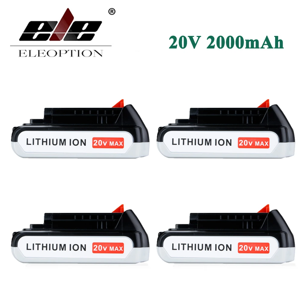 

ELEOPTION 4PCS High Quality 20V 2000mAh 2.0Ah Li-ion Rechargeable Battery for BLACK & DECKER LB20 LBX20 LBXR20 LPP120 ASL188K