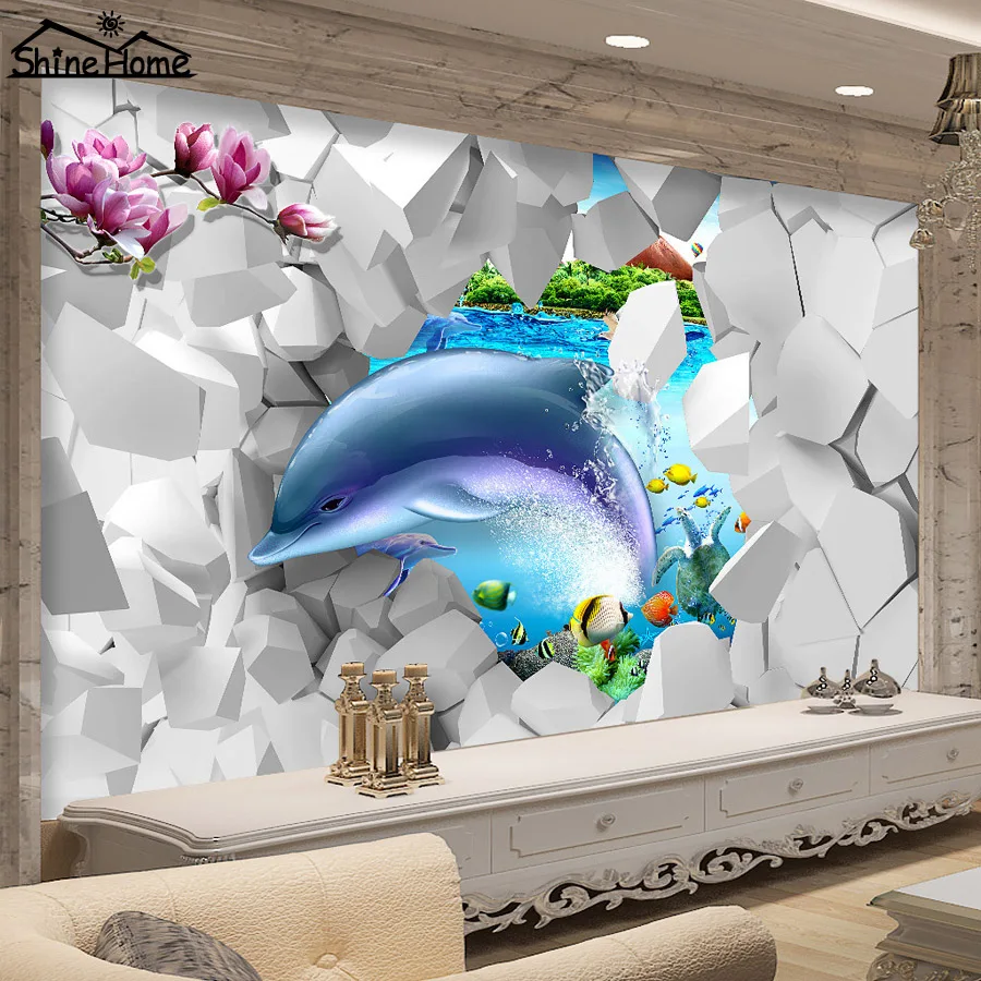 Keren Dancing Dolphin Dalam Bunga 3D Bata Wallpaper Untuk Dinding