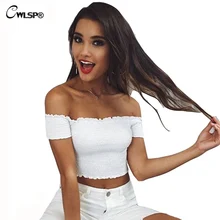 CWLSP Summer Women Sexy Smocked Tube T shirt tops Solid Slash Neck Women Off the shoulder Cropped Top t-shirt camiseta QL3250 CWLSP Summer Women Sexy Smocked Tube T shirt tops Solid Slash Neck Women Off the shoulder Cropped Top t-shirt camiseta QL3250