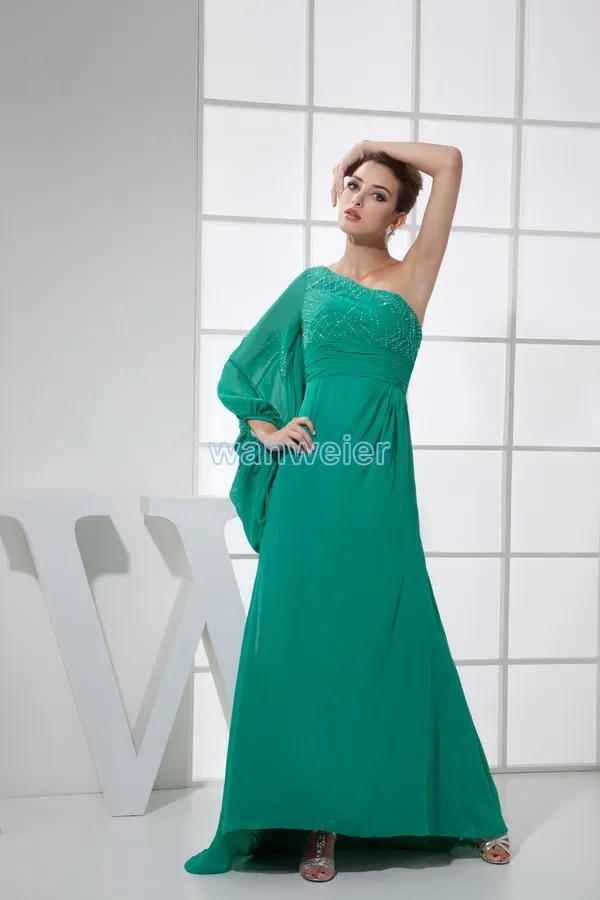 

free shipping one shoulder long sleeve 2016 new vestido formal muslim custom made beading chiffon sexy women Celebrity Dresses