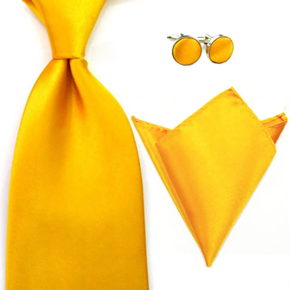 New Wedding Men Tie Red Fashion Pocket Ties For Men Business 8cm Groom Tie Kravat Bowties Ties Tie+Handkerchhief+Cufflinks - Цвет: Golden Yellow