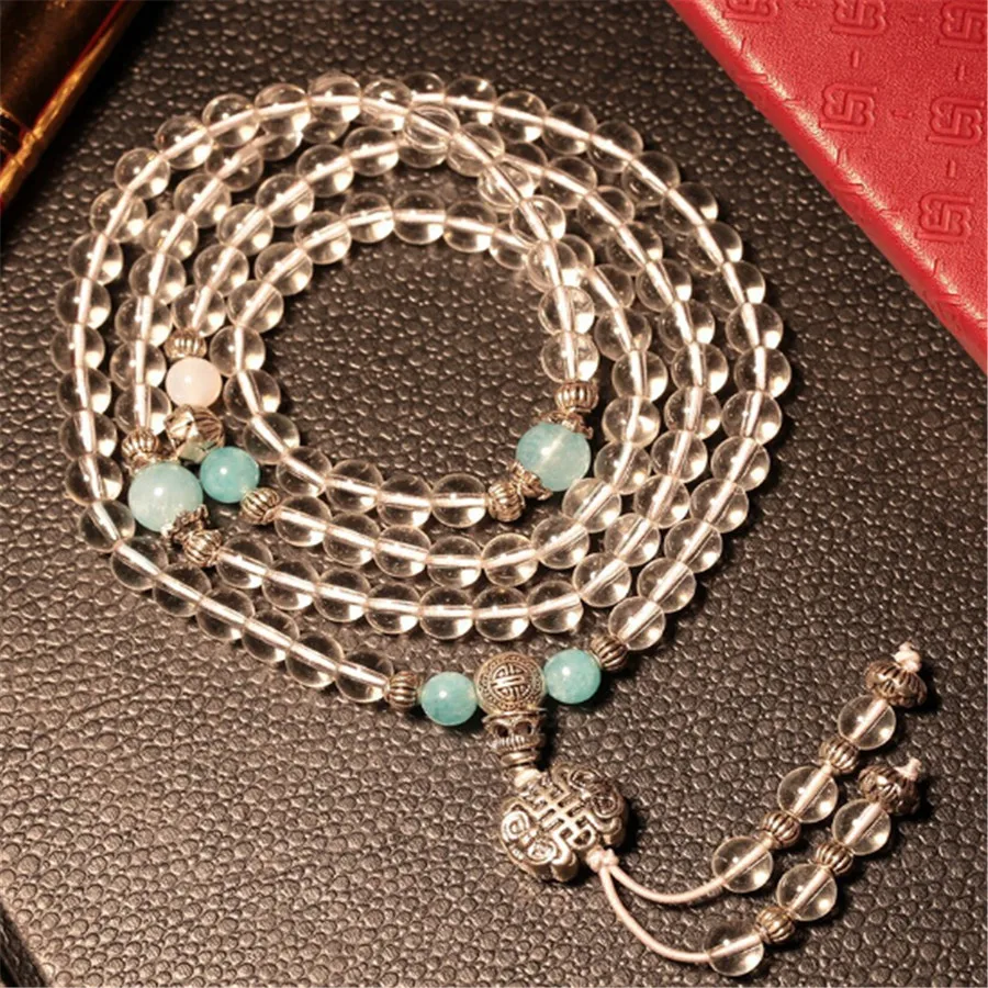 

Trendy Natural 108 White Crystal Beads Bracelet or Necklace Blue Stone Tibetan Silver Yoga Mala Meditation New Jewelry for Women
