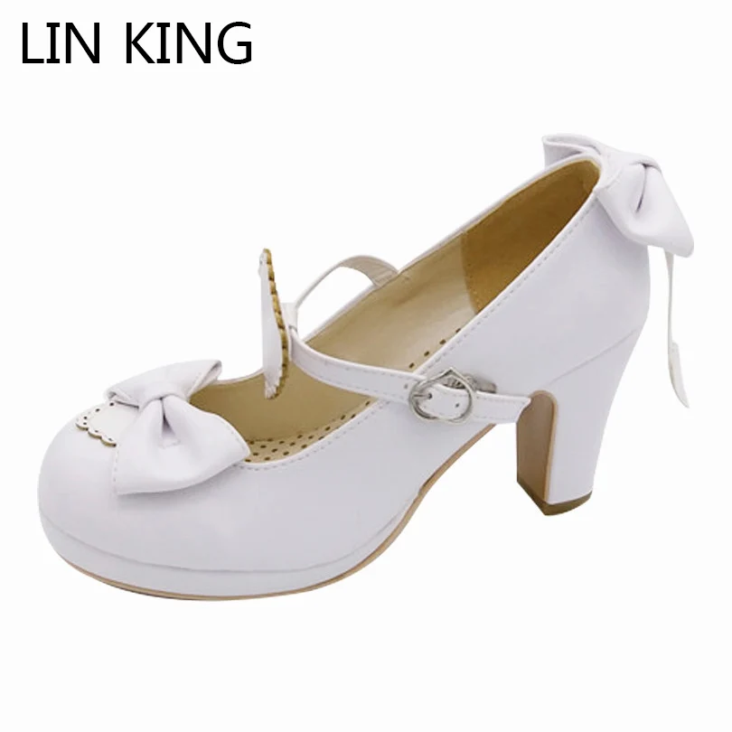 LIN KING Harajuku Lolita Pumps Patent Leather High Heels Solid Bowtie Maid Cosplay Shoes Sweet Women Mary Janes Party Shoes