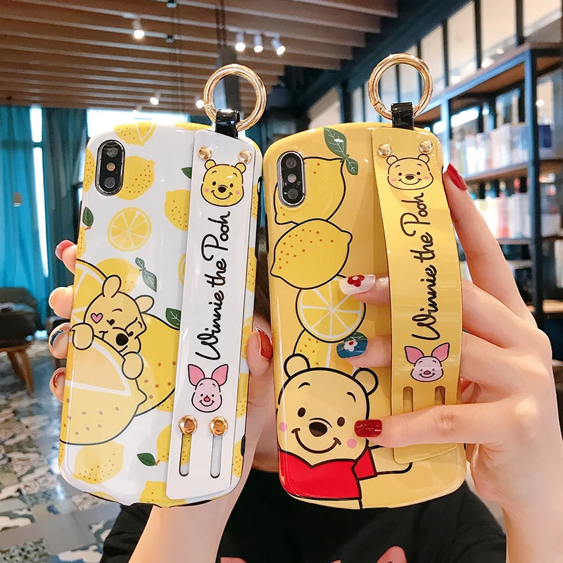 

For iphone XR XS max X Cute lemon winnie Wrist strap soft Phone Case For iPhone 8plus 7 7plus 6 6S 6p Shell stand holder case