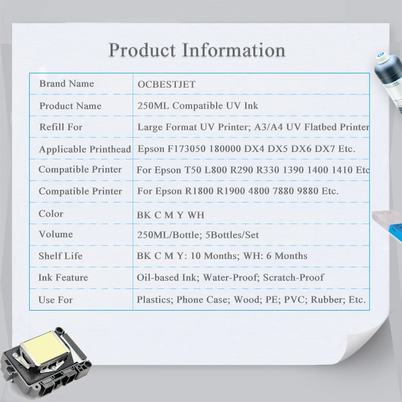 250ML*5 LED UV Curing Ink for Epson 1390 L800 1400 1410 1430 1500W R290 R330 L805 L1800 Printer UV Ink for All Printer inkjet printer ink