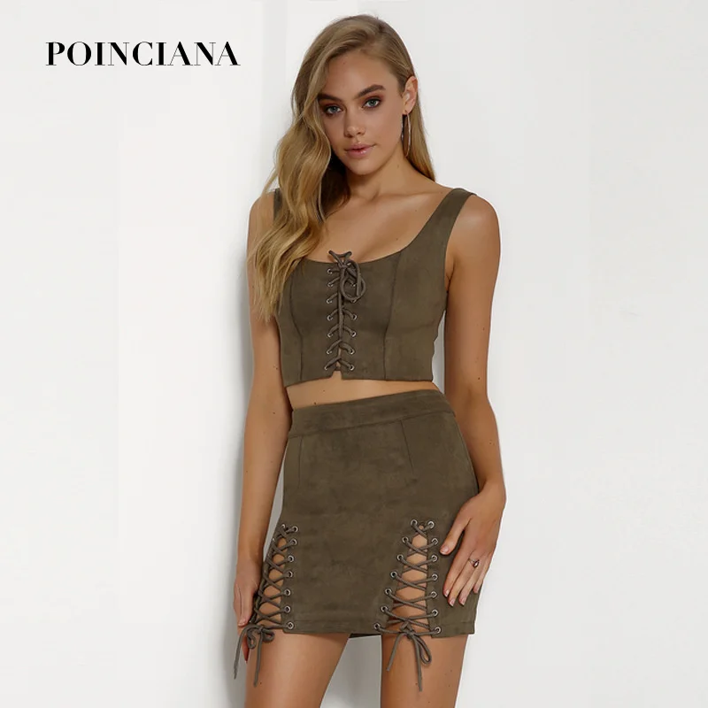 2 Piece Set Women Army Green Vest Cropped Top With Skirt Set Clothes Womens 2 Piece Outfit Sets Lace Up Casual Dress Clubwear