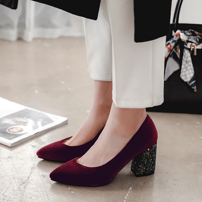 Black Pompes wine Chaussures Flock Profonde Talon Dames Grandes green De Mariage Peu Femmes Vin Carré Tailles Pour Noir Rouge Pointu Concise Bout RqHqPwA