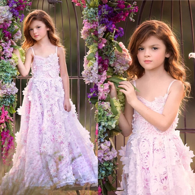 Cheap Cute Little Baby Girls Dresses Square Neckline Hand Made Flowers Crystal Beading Pearls Ankle Length Lace Flower Girls Dress