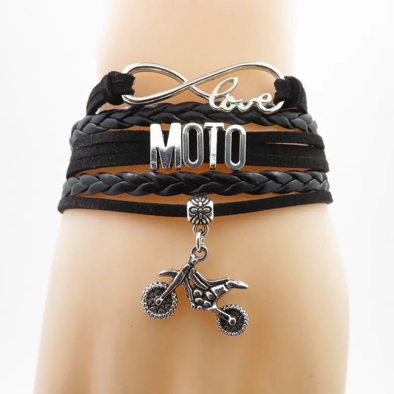 

handmade moto bracelet infinity hot sale moto bracelet motocross charm black leather bracelet for woman and man