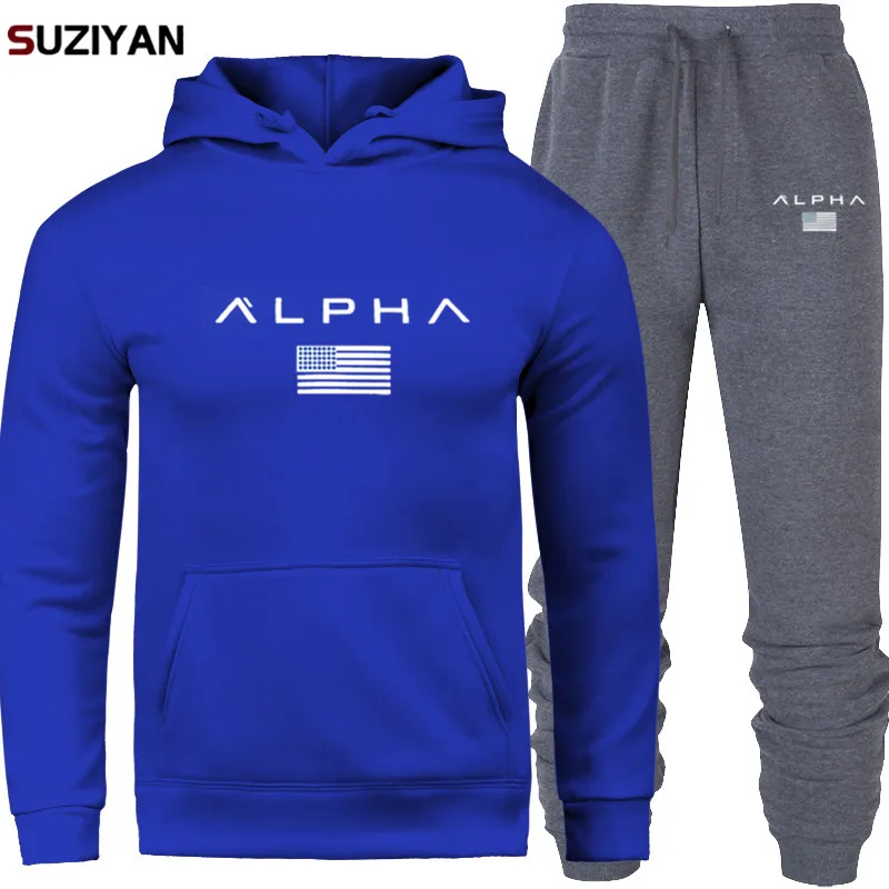 

2019 New Large Size Tracksuit Men Set Sporting Suit Track Sweat Print Alpha Sweatsuit Male Sportswear Jackets Hoodie and Pants