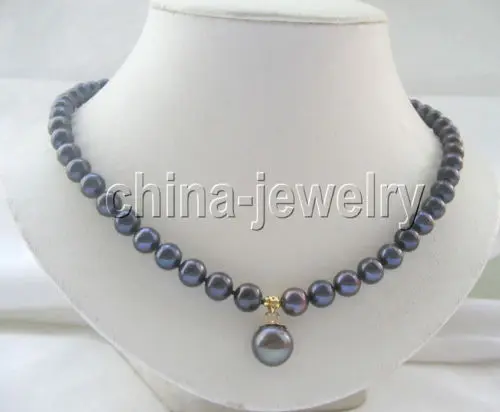 

FREE SHIPPING HOT sell new Style >>>>Beautiful AAA+17.5" 9mm black round freshwater pearl necklace & 12mm pendant