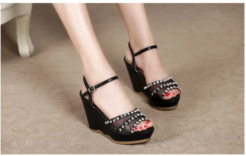 50_2016 Summer Fashion Elegant Footwear Peep Toe Black High Heeled Platform Sandals Silver Diamond Wedges Shoes Women Small Size