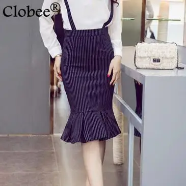 

High Quality High Waist Striped Ruffles Lap Mermaid Skirt Women Casual Suspender Skirt Ladies Slim Pencil Skirt Free Shipping