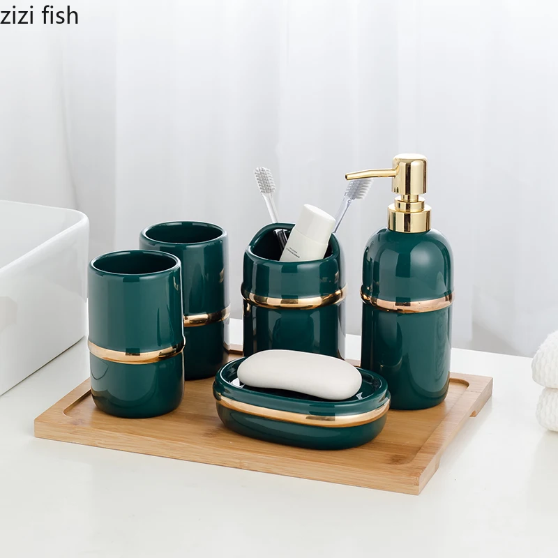

European Style Ceramics Bathroom Kit 5/6-piece Suit Toothbrush Holder Mouth Cup Bathroom Accessories Bathroom Tray