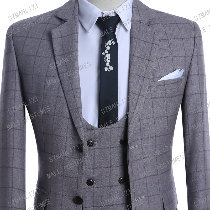 

High Quality 2019 Costume Homme 3 Piece Formal Mens Suit Ternos Slim Fit Tuxedo Prom Suits For Men Plaid Groom Wedding Suits
