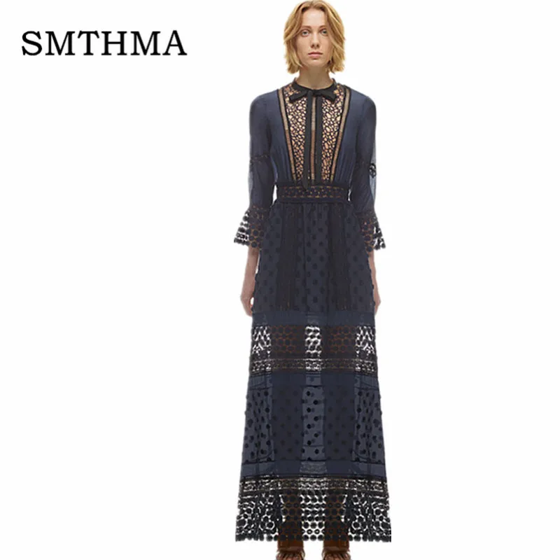

SMTHMA HIGH QUALITY Self portrait Dress 2019 Runway Women's Flare Sleeve Lace Patchwork Maxi Long dress