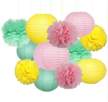 

12pcs Mixed Mint Green Yellow Pink Tissue Paper Pom Poms and Paper Lantern Wedding Birthday Baby Shower Nursery Hanging Decor