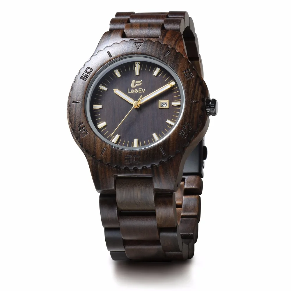 

LeeEv Mens Wooden Watches Top Brand Luxury Watch 2016 Fashion Japan Movement Black Sandal Wood Men Big Wristwatches Best Gift