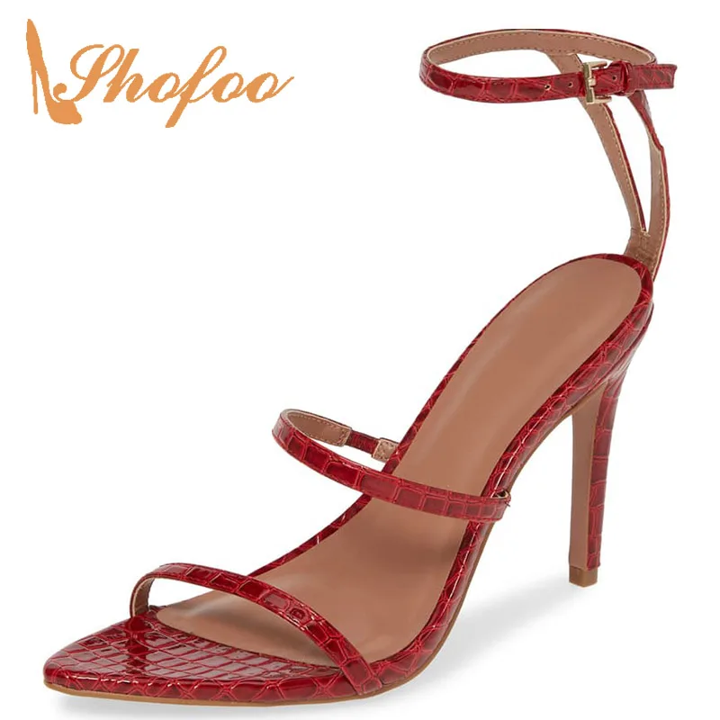 

Red Snake Pattern Ankle Strap Open Pointed Toe Pumps Woman High Thin Heels Buckle Stilettos Large Size 11 14 Fashion Mature 2019