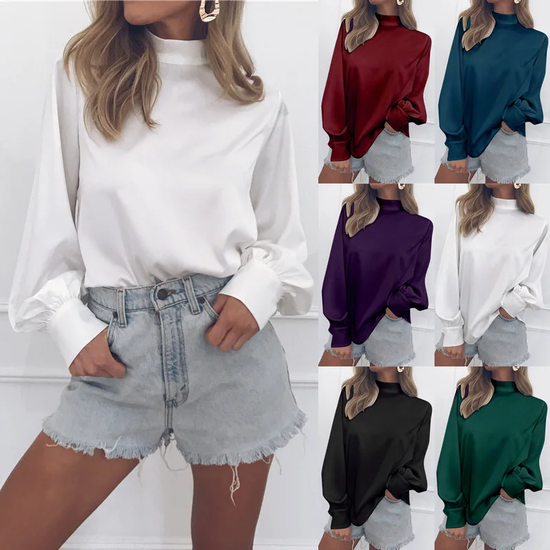 

2019 Spring Autumn Hot Selling Casual Women Blouses Solid Lantern Sleeve Turtleneck Pullovers Chiffon Shirts Ladies YJL012