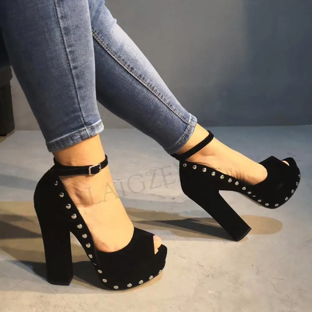 LAIGZEM STYLISH Women Sandals Faux Suede Chunky Sandals Studded Black PARTY Ladies Handmade Shoes for Woman Big Size 34-47