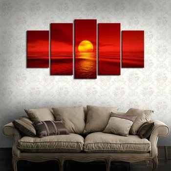 

HD Print Modular Pictures Frame Canvas 5 Panel Sunset Red Sun Sea Natural Landscape Painting Home Decor Seascape Wall Art