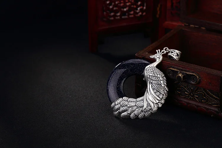 Uglyless Real S999 изысканное Серебряное украшение женский натуральный халцедон подвески-пуговицы без цепей ручной работы выгравированное украшение Павлин - Цвет камня: Тёмно-синий