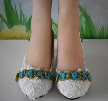 

New design blue flower thread white laces wedding shoes bride low 3cm heel bridesmaid ladies party laces blue rose flower shoe