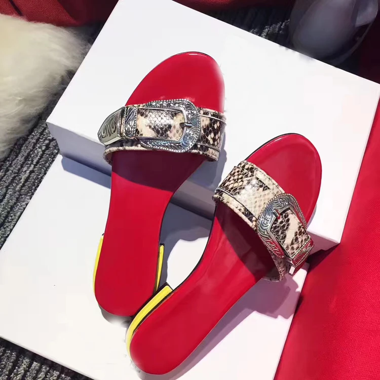 

Woman Slides Summer Beach Shoes Open Toe Metal Belt Buckle Design Shoes Woman Chic Women Flats Open Toe Snake Pattern Slipper