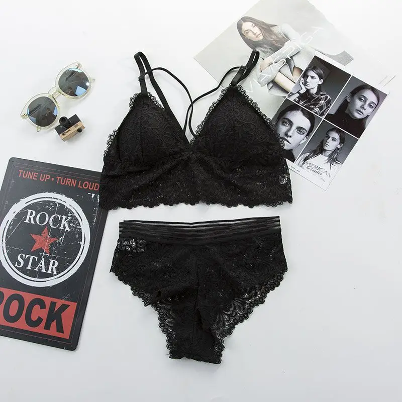 Women Lace Bra Set Black Panties for Women Sexy Bralette Push Up Padded Bras+Brief Seamless Embroidery Underwear Lingerie Set
