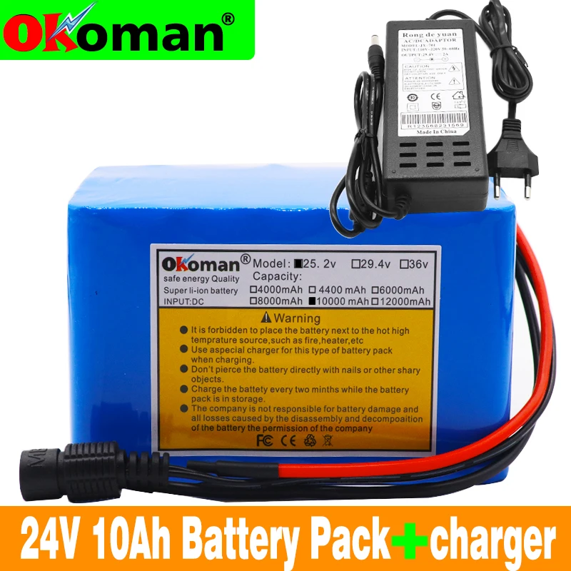 

Okoman high quality 6S5P 24V 10Ah 18650 battery pack lithium ion battery 25.2V 10000mAh for bicycle moped + charger