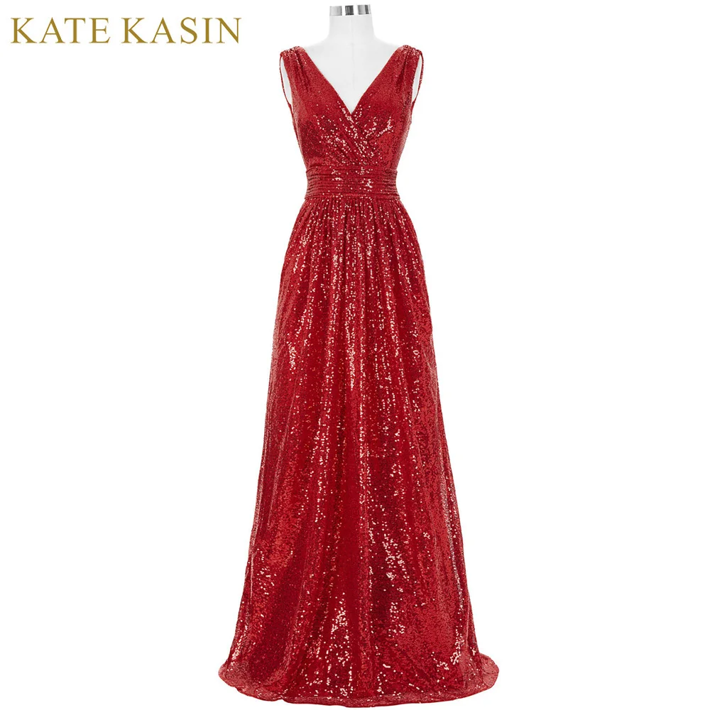 Kate Kasin Long Bridesmaid Dresses Red Silver Pink Black Gold Sequins Wedding Party Dresses For Bridesmaids