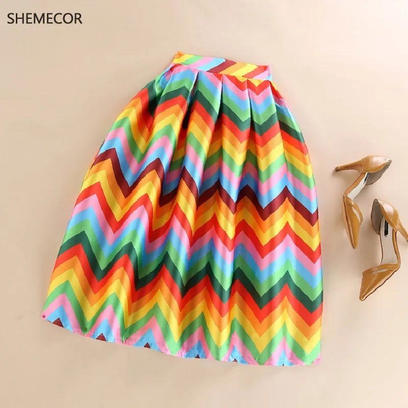 

SHEMECOR 2019 Autumn New Women Hepburn Vintage Retro Colorful Rainbow Striped Geometric Print High Waist Pleated Skirt Feminina