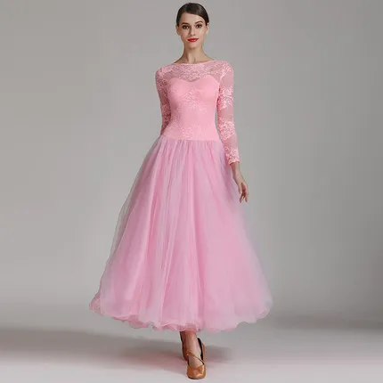 Pink Новинка года. Кружевное платье синего и розового цвета с длинным рукавом для бальных танцев. Платье для соревнований. Женское платье для вальса. Стандартные современные костюмы для выступлений - Color: Pink