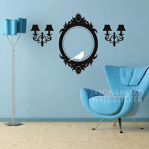 

Mirror Bird and Lamp Frame Baroque Wall Stickers Living Room Home Decorating Girls Room Fashion Cute Vinyl Murals Wallpaper