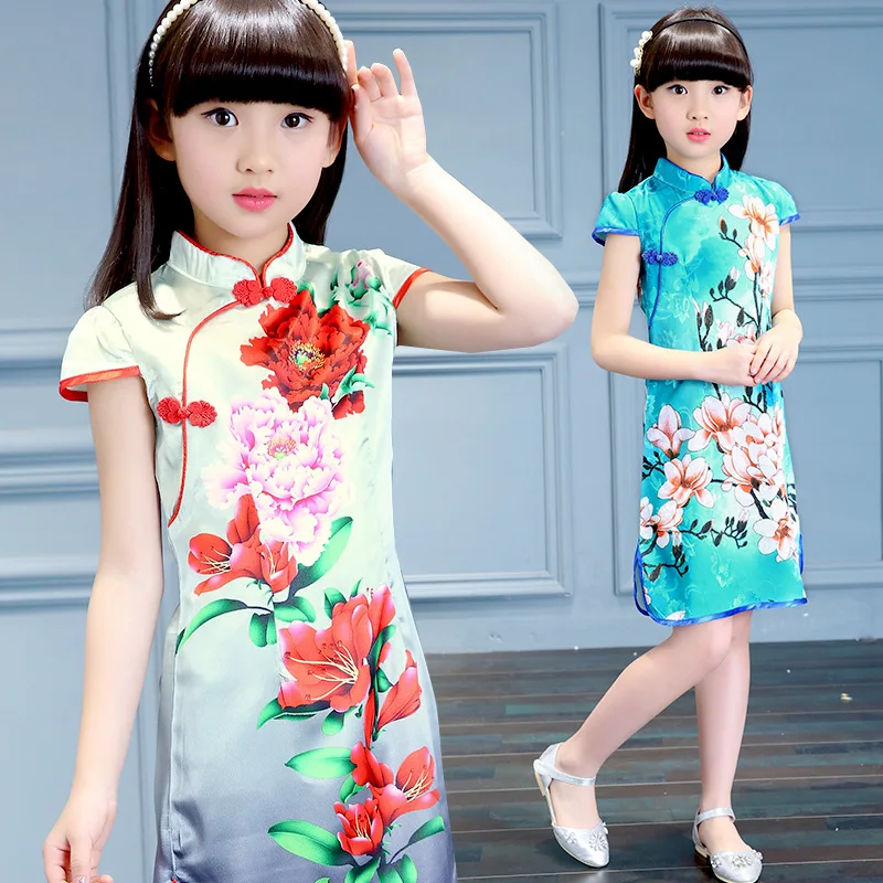 Children's cheongsam summer girls dress costume flower Chinese style ...